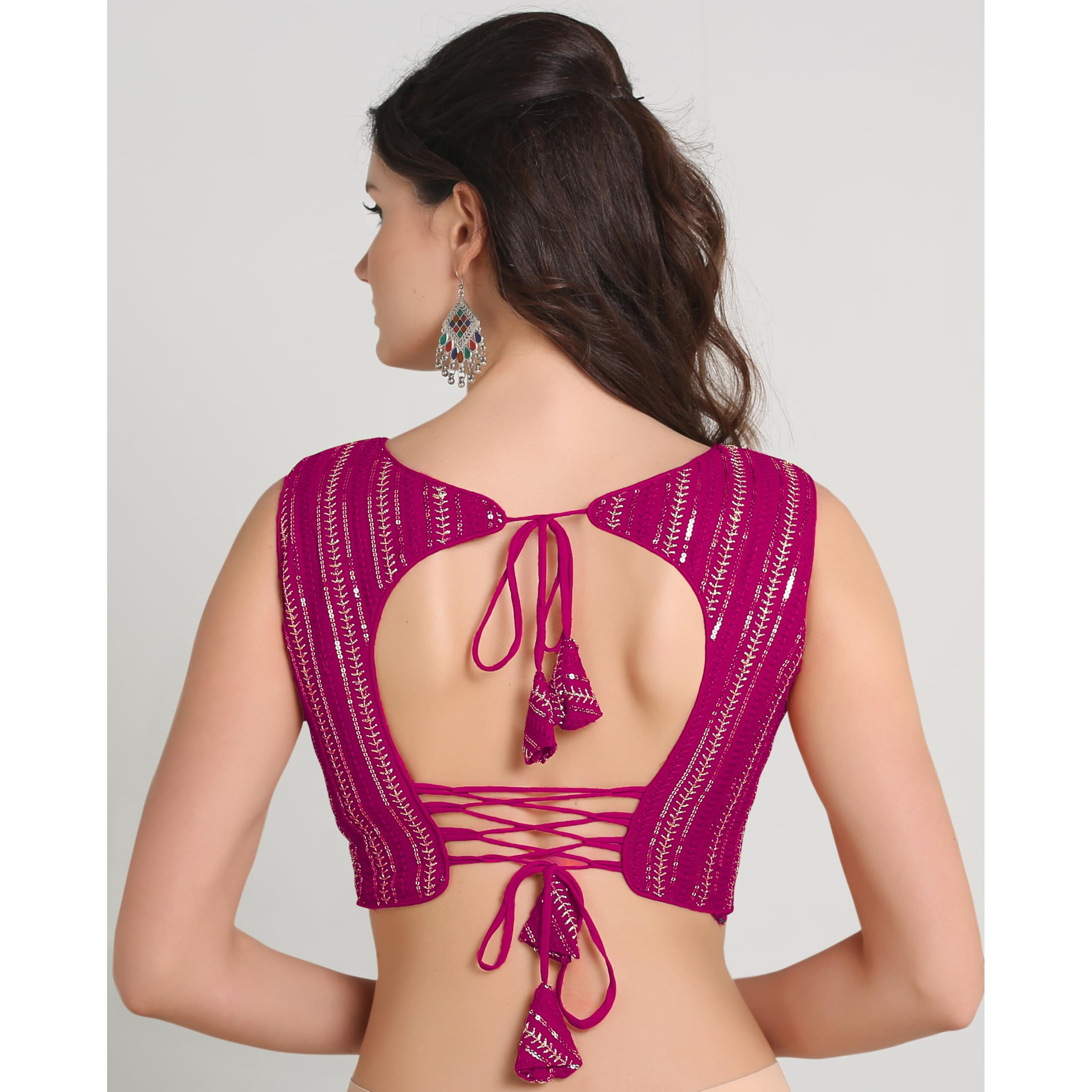 Pujia Mills Women's Indian Ethnic Wear Sabyasachi Sequence With Dhaga Embroidered Zari Work Sweetheart Neck Blouse Sleeveless Readymade Padded Saree Back Open String Pattern Blouse