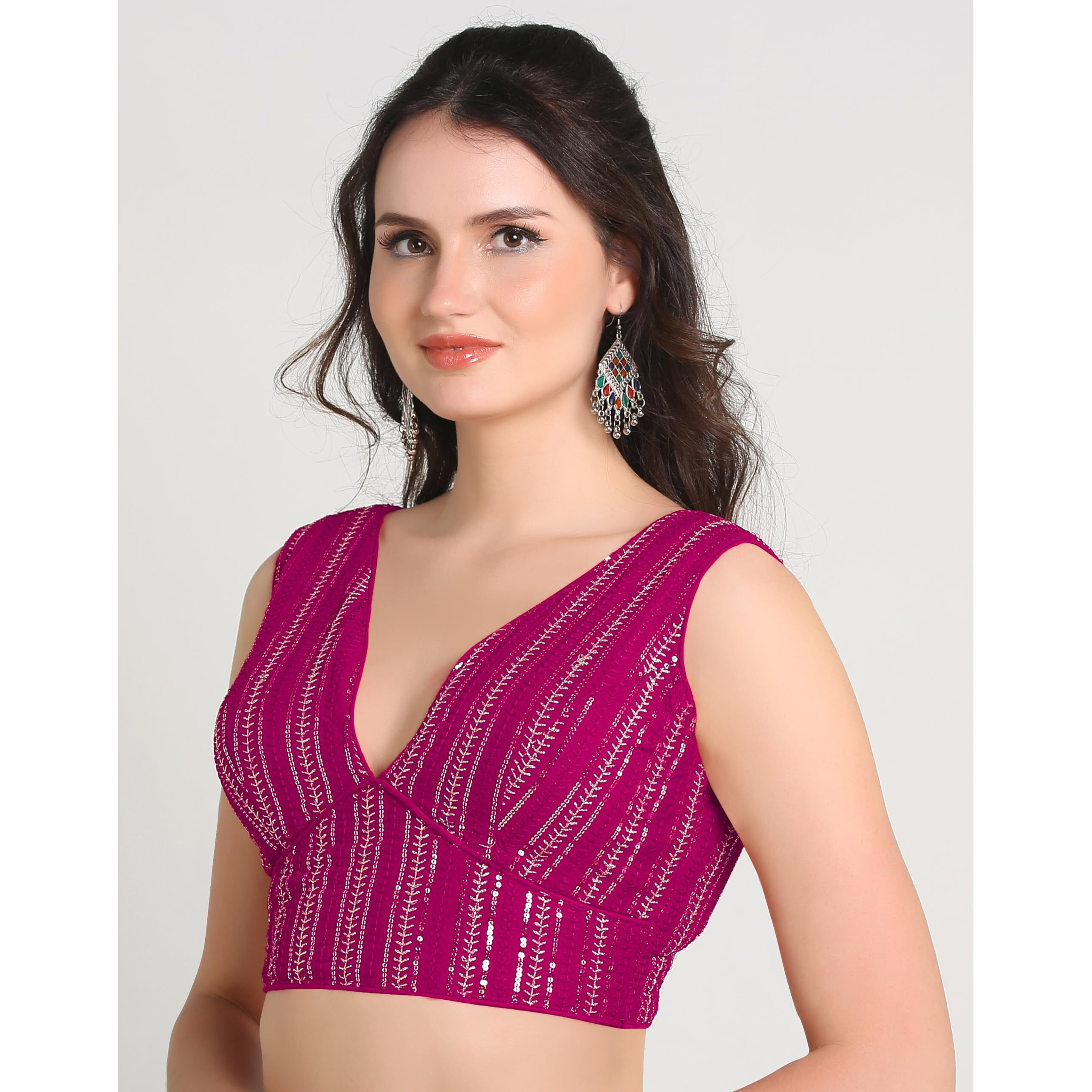 Pujia Mills Women's Indian Ethnic Wear Sabyasachi Sequence With Dhaga Embroidered Zari Work Sweetheart Neck Blouse Sleeveless Readymade Padded Saree Back Open String Pattern Blouse