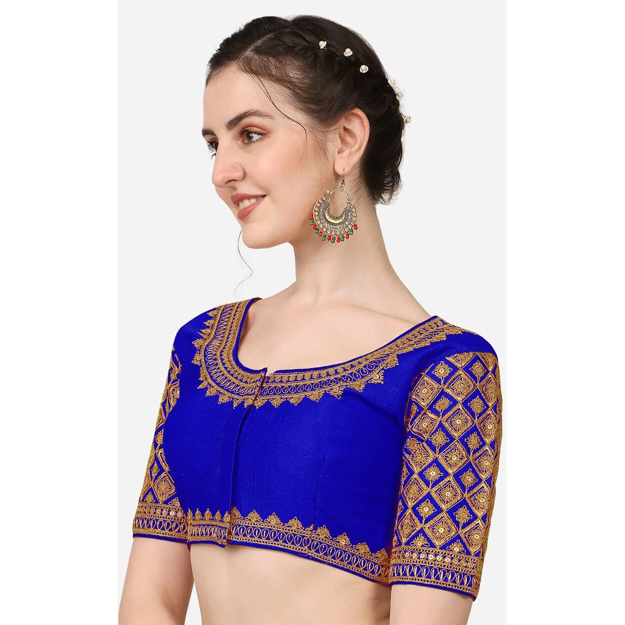 Pujia Mills Women's Embroidery Handwork Sequence Work Heavy Sleeves Readymade Blouse