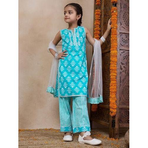 Pspeaches Girl's Cotton 1 Kurti, 1 Pajama, 1 Dupatta (Ks-Bluewhitebooti-6-7Y_Blue