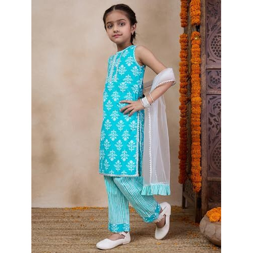 Pspeaches Girl's Cotton 1 Kurti, 1 Pajama, 1 Dupatta (Ks-Bluewhitebooti-6-7Y_Blue