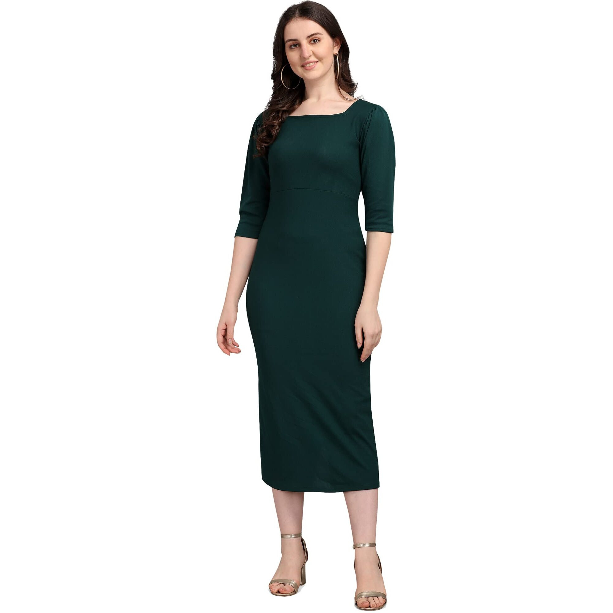 Purvaja Women's Corduroy Bodycon Midi Dress (Ruby-135-Gn-L_Green