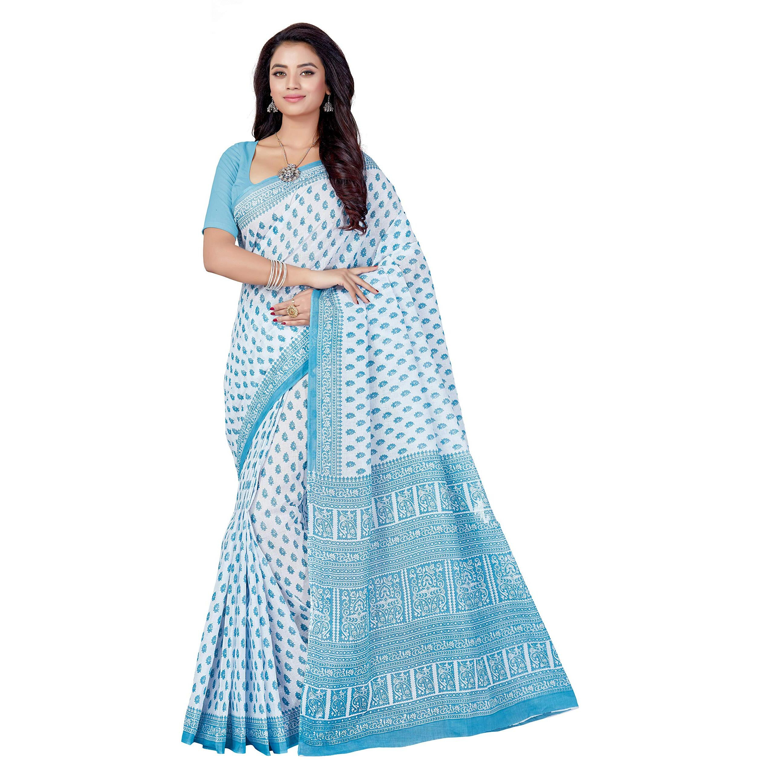 Rani Saahiba Women's Pure Cotton Printed Saree Without Blouse Piece (Skr5271_White-Blue)