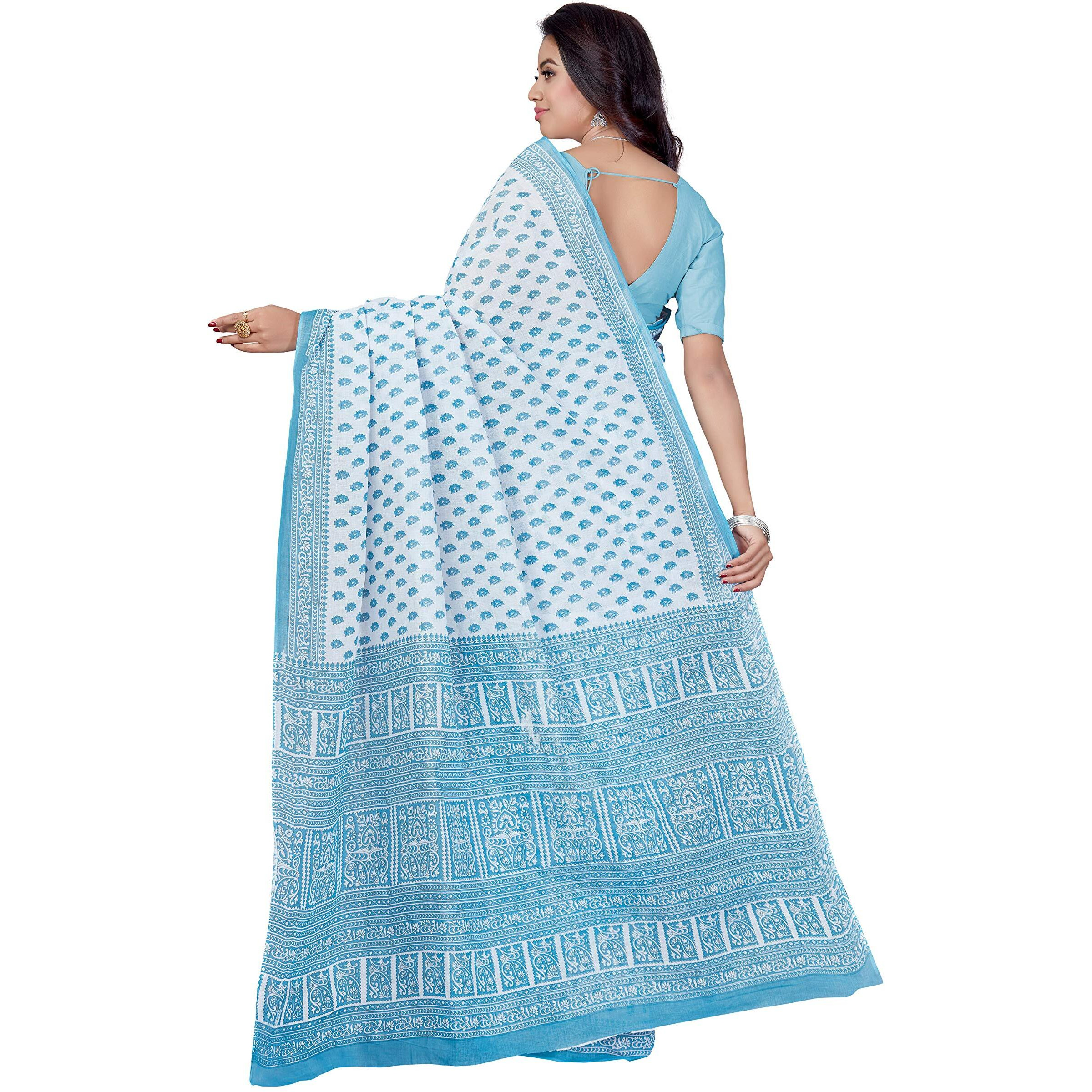 Rani Saahiba Women's Pure Cotton Printed Saree Without Blouse Piece (Skr5271_White-Blue)