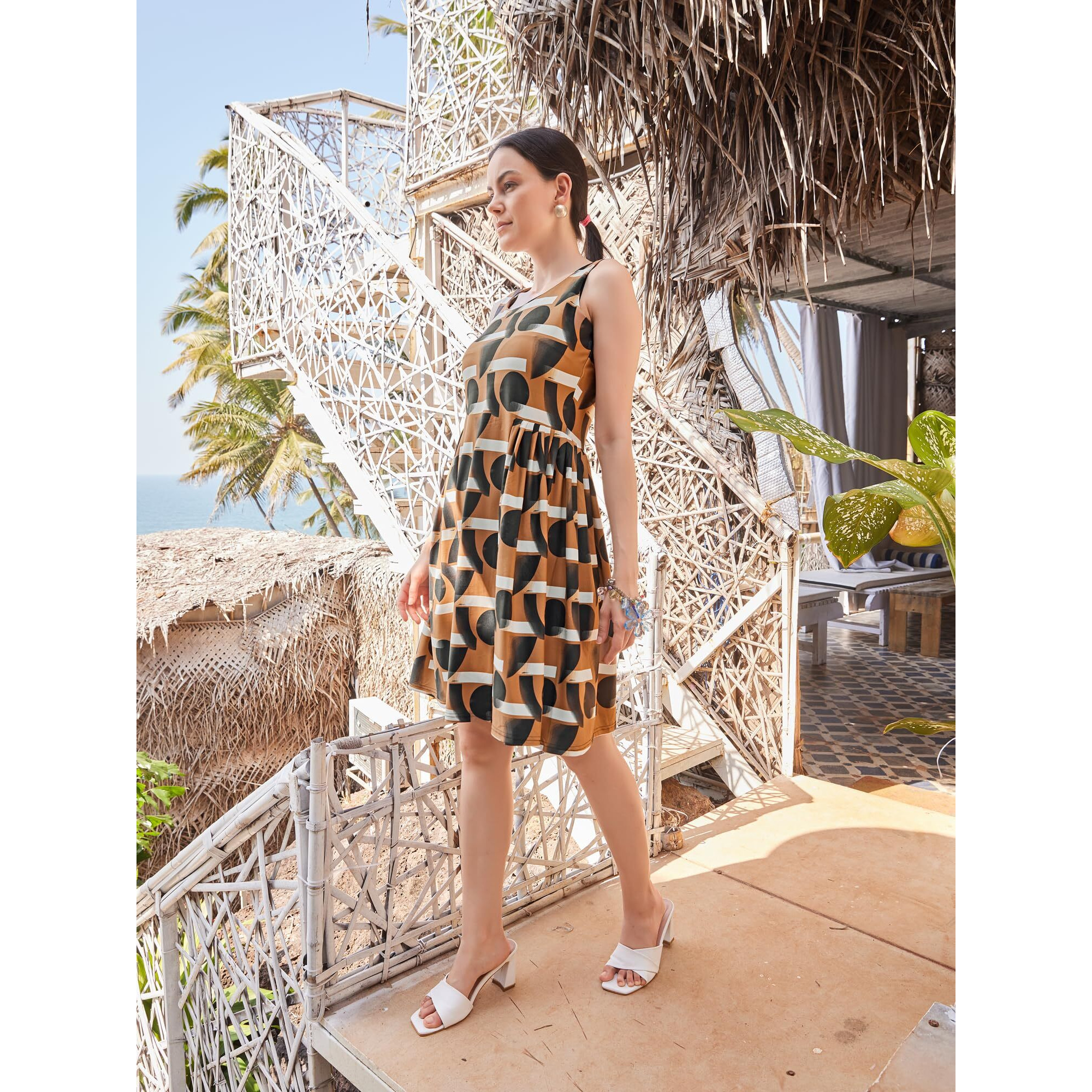 Purvaja Womens Ruched Knee Length Dress (Wini-018-Circle_Brown_Large)