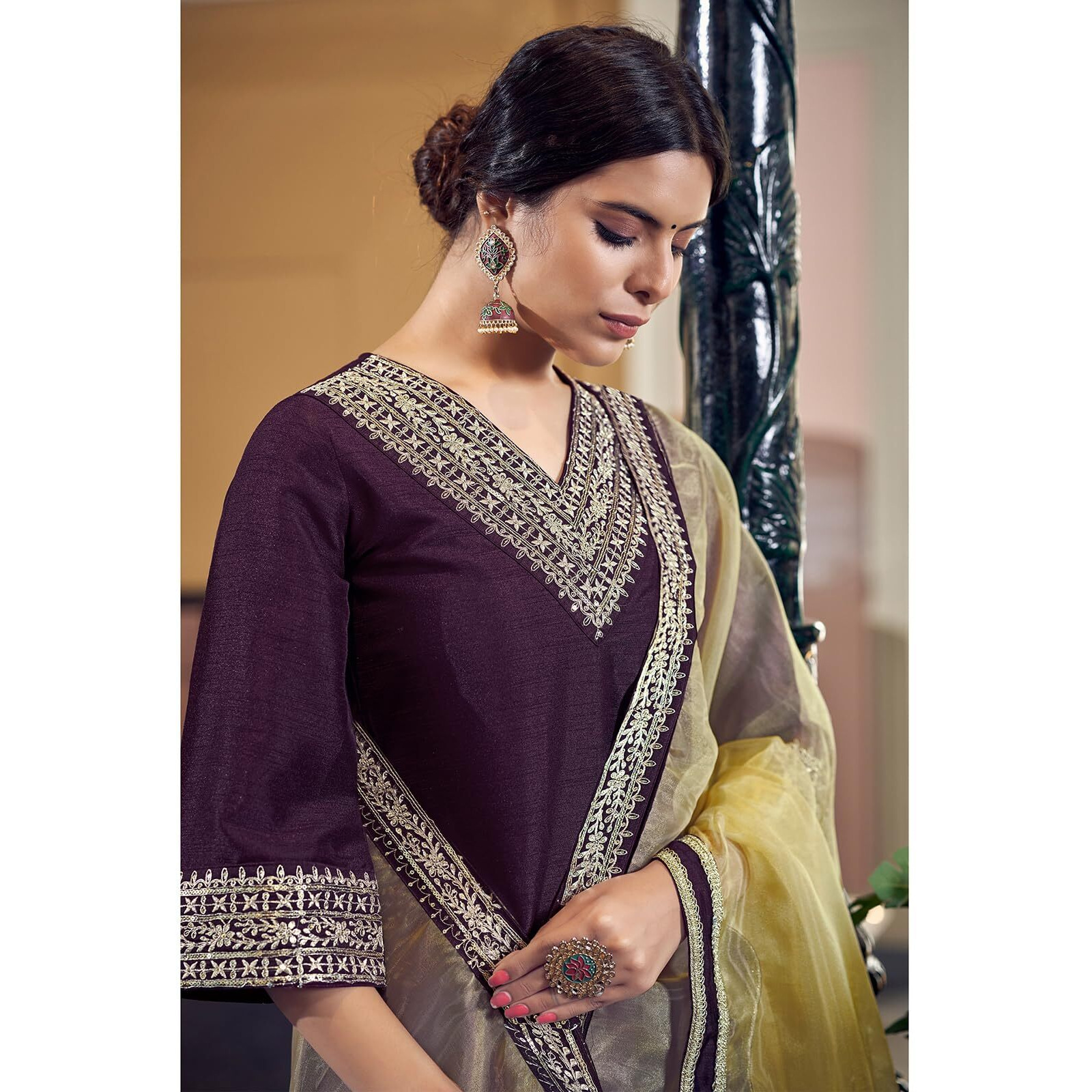 Sanisa Women's Art Silk Embroidery Lace Straight Kurta With Pant And Embroidery Lace Work Dupatta (104Kbd1133Nz-M_Wine)