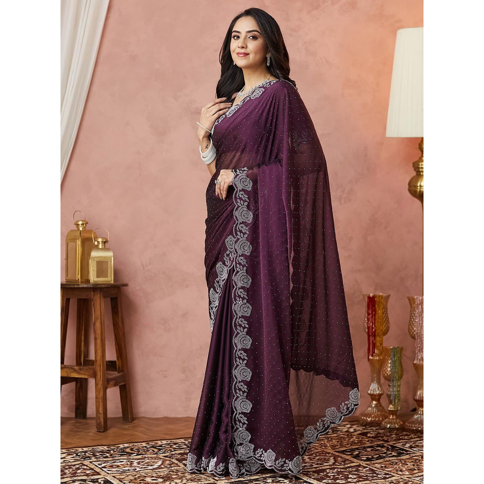 Satrani Women's Georgette Stone Work Saree With Unstitched Blouse Piece (4063S6382N_Dark Purple)