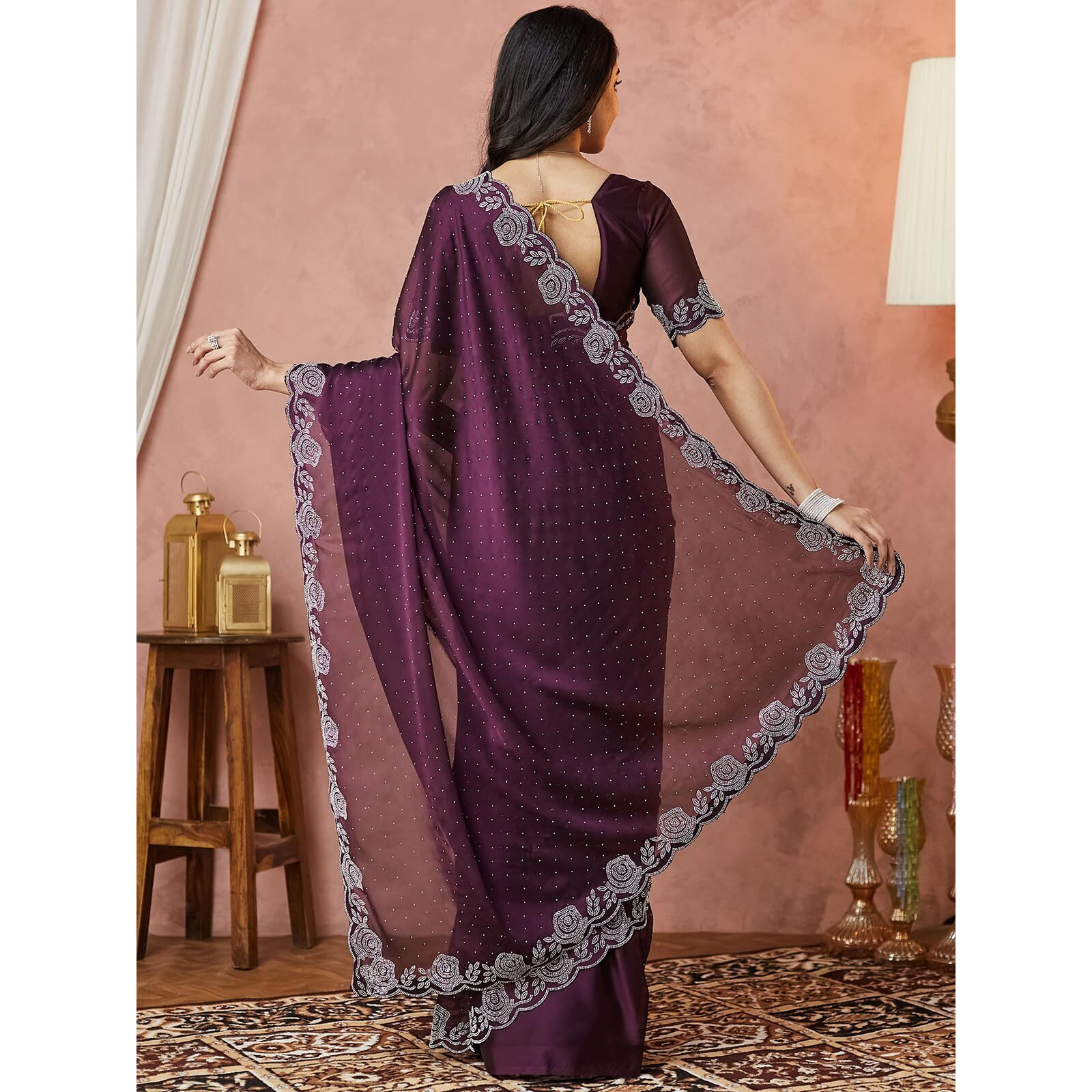 Satrani Women's Georgette Stone Work Saree With Unstitched Blouse Piece (4063S6382N_Dark Purple)