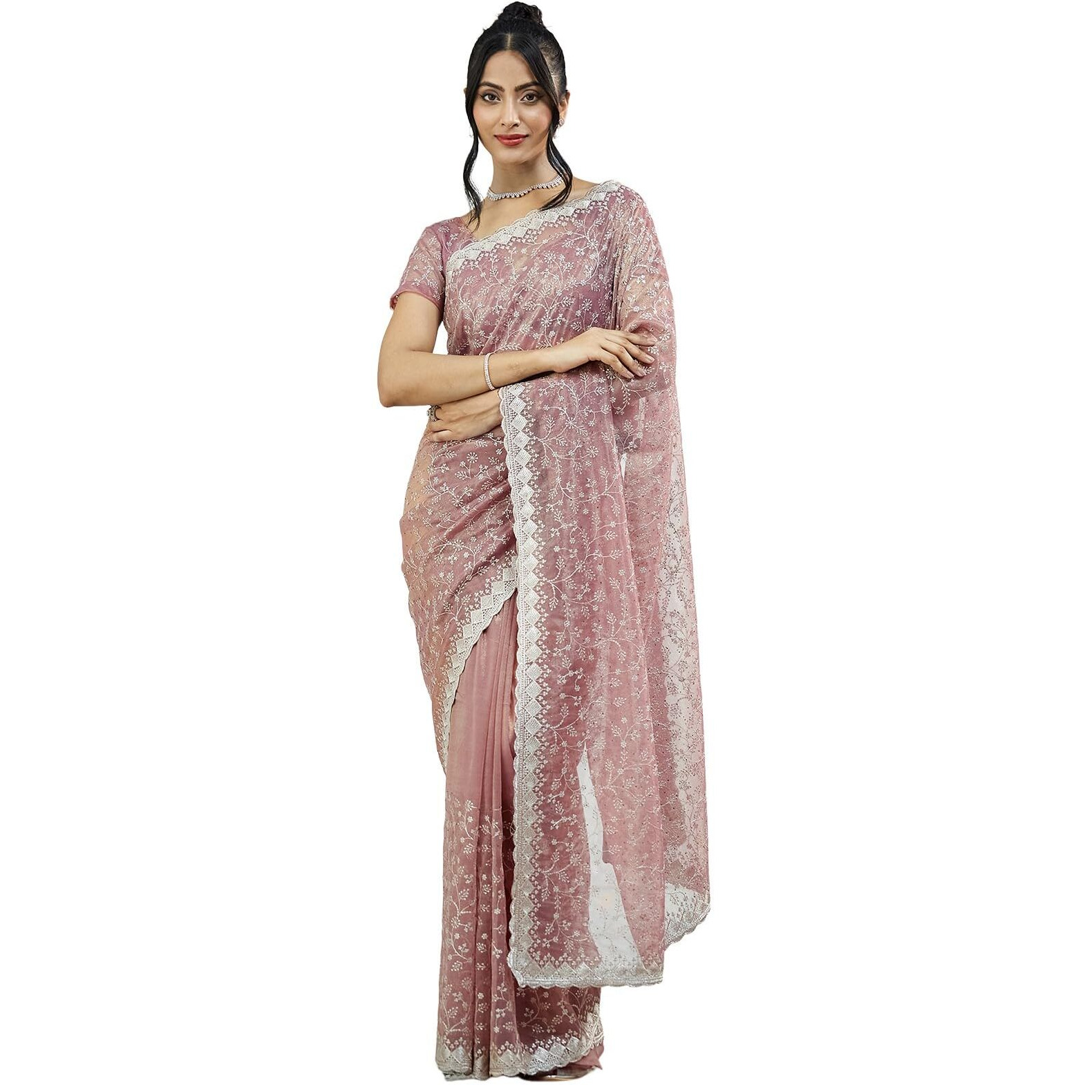 Satrani Women's Shimmer Net Dual Tone Embroidery Stone Work Saree With Unstitched Blouse Piece (4019S565N_Dusty Pink & Golden)