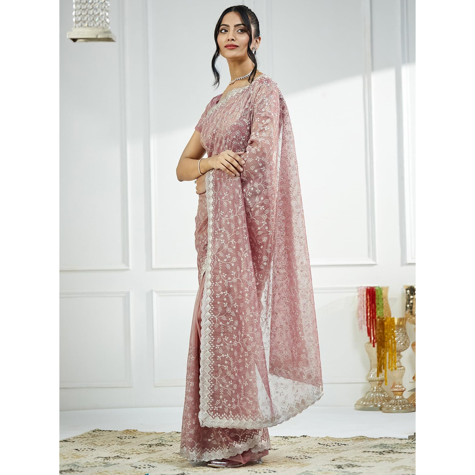 Satrani Women's Shimmer Net Dual Tone Embroidery Stone Work Saree With Unstitched Blouse Piece (4019S565N_Dusty Pink & Golden)