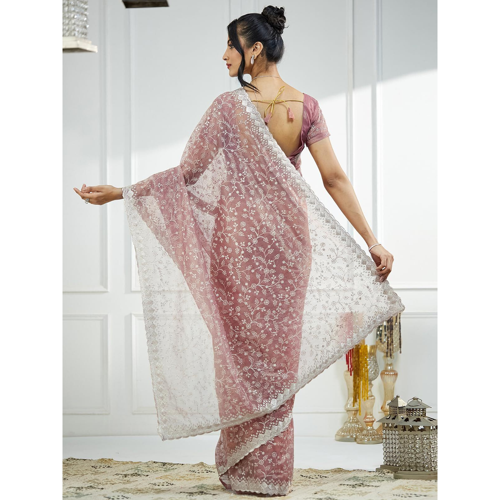 Satrani Women's Shimmer Net Dual Tone Embroidery Stone Work Saree With Unstitched Blouse Piece (4019S565N_Dusty Pink & Golden)