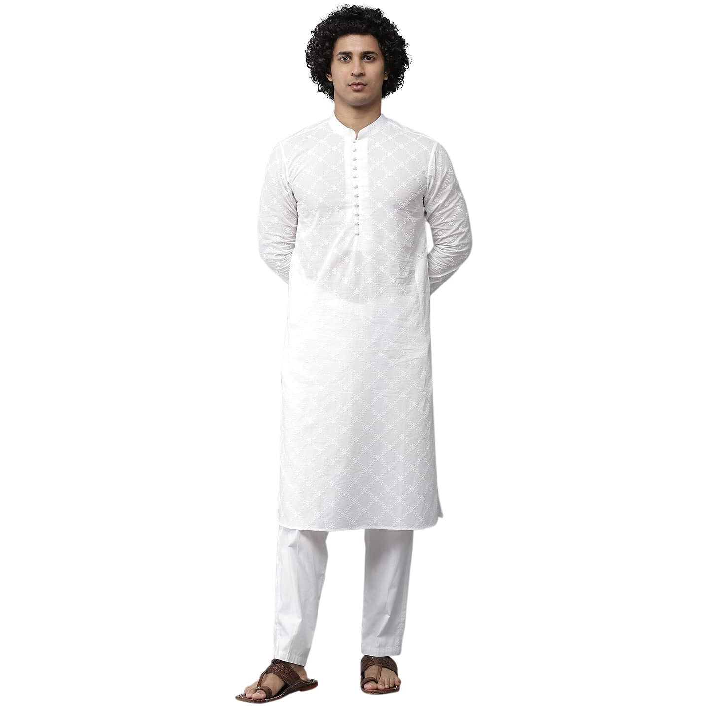 See Designs Mens Kurta | Specially Crafted And Designed For The Eid Festival White Cotton Embroidered Kurta Set Mandarin Collar Long Sleeves | Sdkt109401L