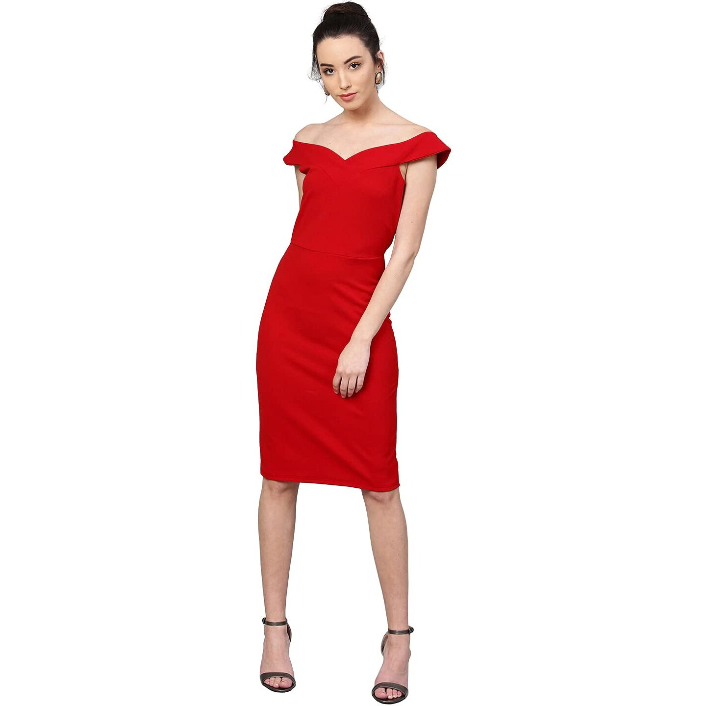 Shasmi Women's Comfortable Red Sweetheart Neck Sleeveless Solid Midi Bodycon Casual Western Stylish Dress For Womens/Midi Dress For Girls (Shree Midi 16 Red M)