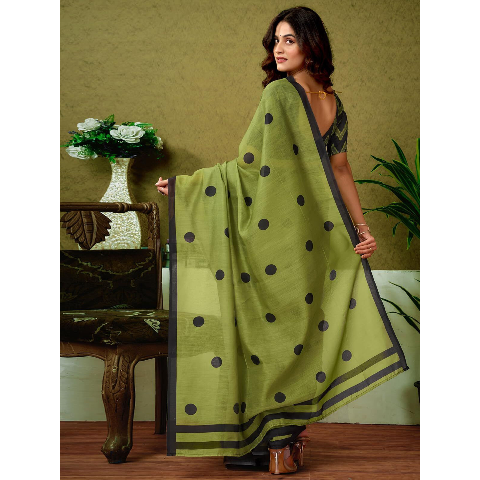 Satrani Women's Chanderi Cotton Printed Ready To Wear One Minute Pre Pleated Readymade Saree With Unstitched Blouse Piece (32Rs296N_Green)