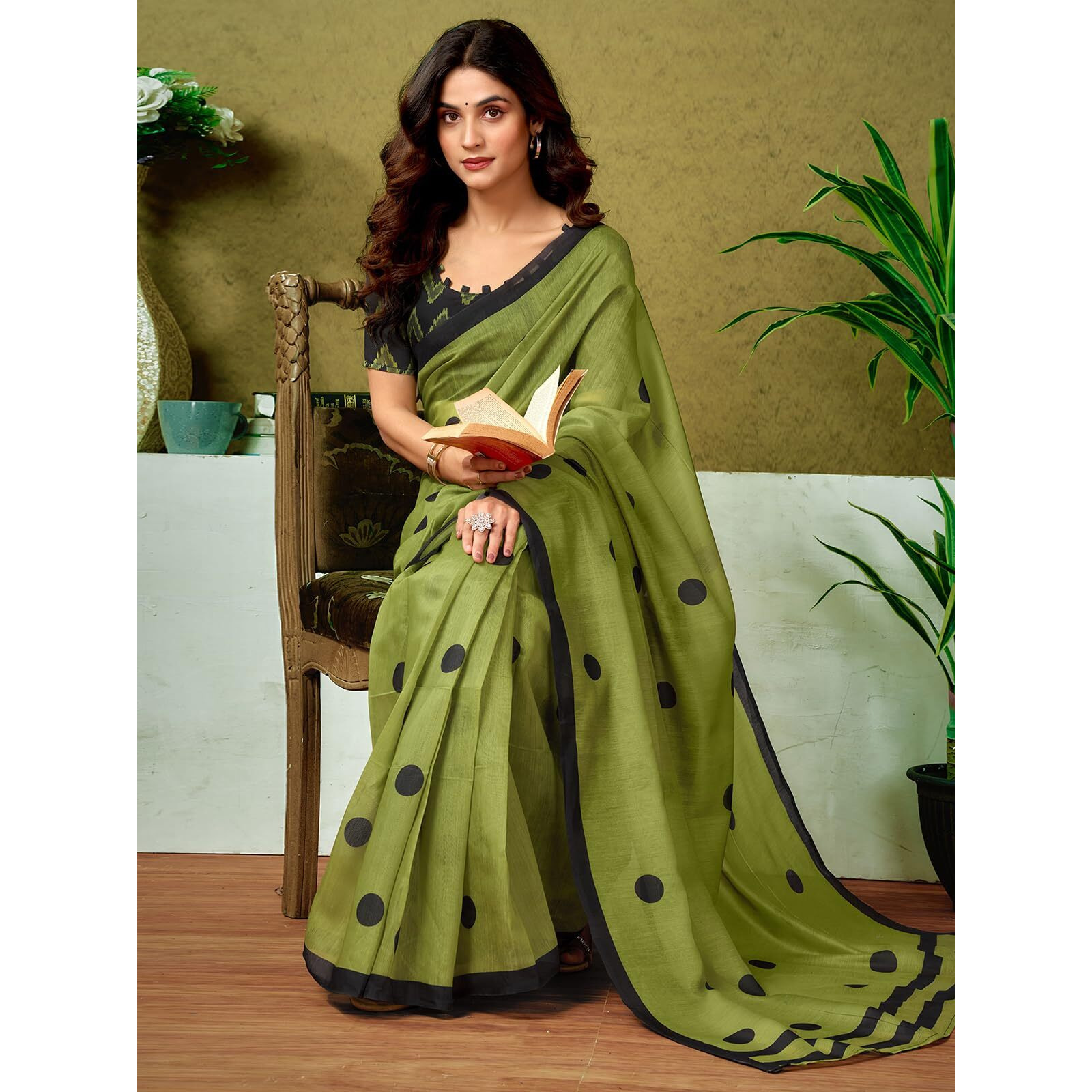 Satrani Women's Chanderi Cotton Printed Ready To Wear One Minute Pre Pleated Readymade Saree With Unstitched Blouse Piece (32Rs296N_Green)