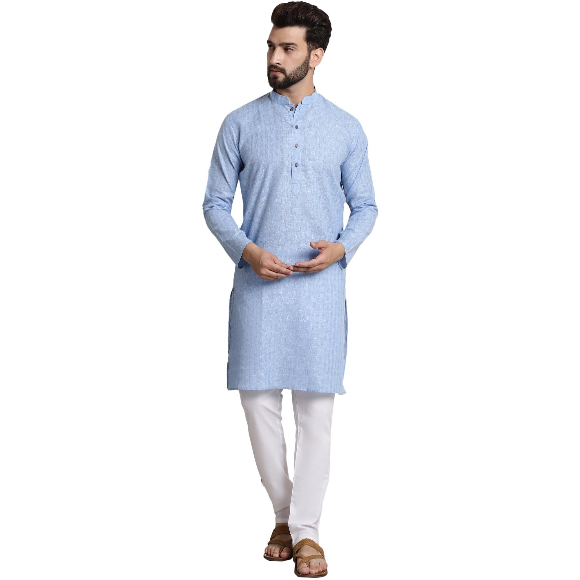Sojanya (Since 1958 Men's Cotton Blend Blue Checked Kurta And White Churidar Pyjama Set