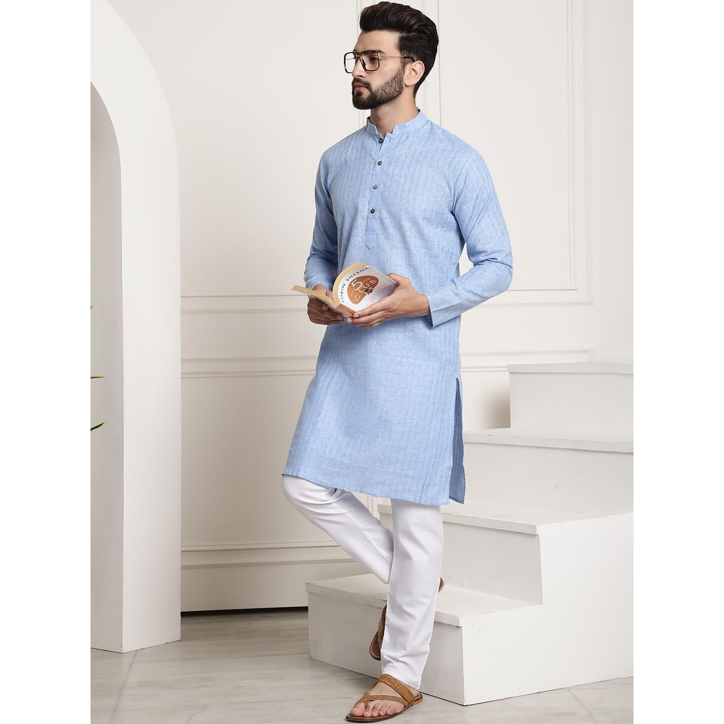Sojanya (Since 1958 Men's Cotton Blend Blue Checked Kurta And White Churidar Pyjama Set