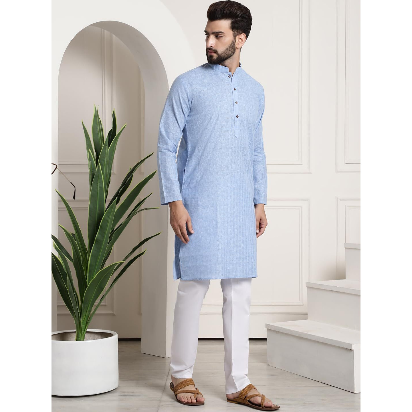 Sojanya (Since 1958 Men's Cotton Blend Blue Checked Kurta And White Churidar Pyjama Set