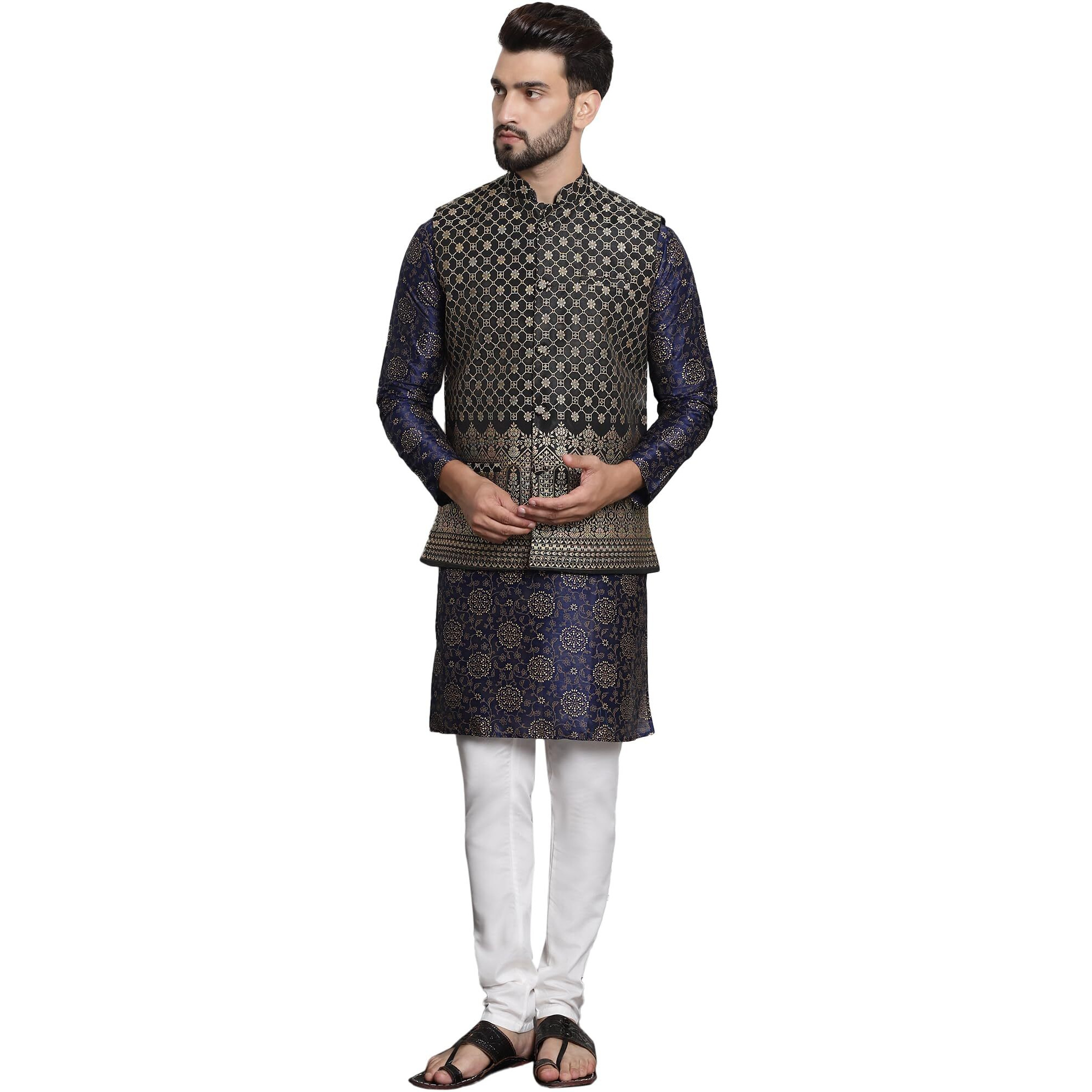 Sojanya (Since 1958 Men's Silk Blend Print Nblue Kurta And Cream Pyjama With Black Nehru Jacket