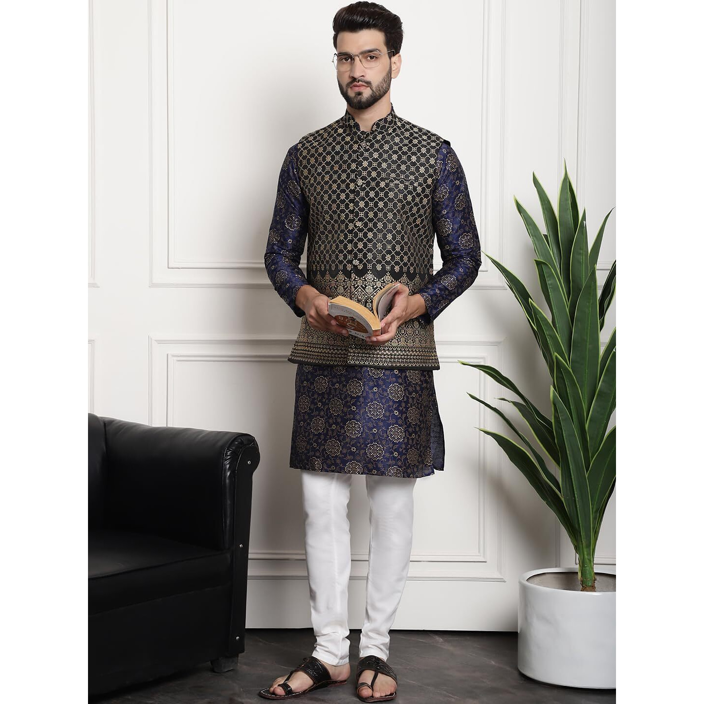 Sojanya (Since 1958 Men's Silk Blend Print Nblue Kurta And Cream Pyjama With Black Nehru Jacket