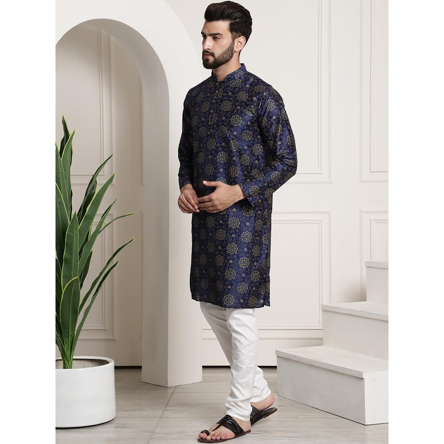 Sojanya (Since 1958 Men's Silk Blend Print Nblue Kurta And Cream Pyjama With Black Nehru Jacket