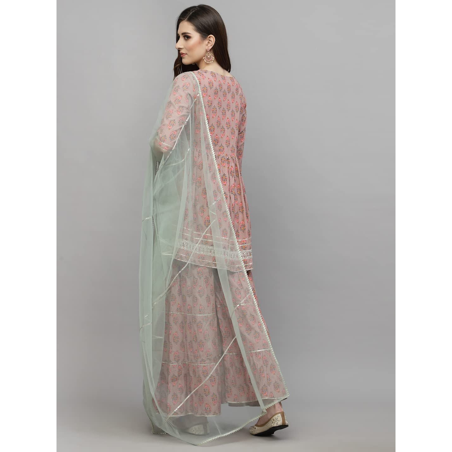 Stylum Women's Floral Printed Rayon Kurta Sharara Dupatta Set (Ksdmogra42_Peach, Xl)