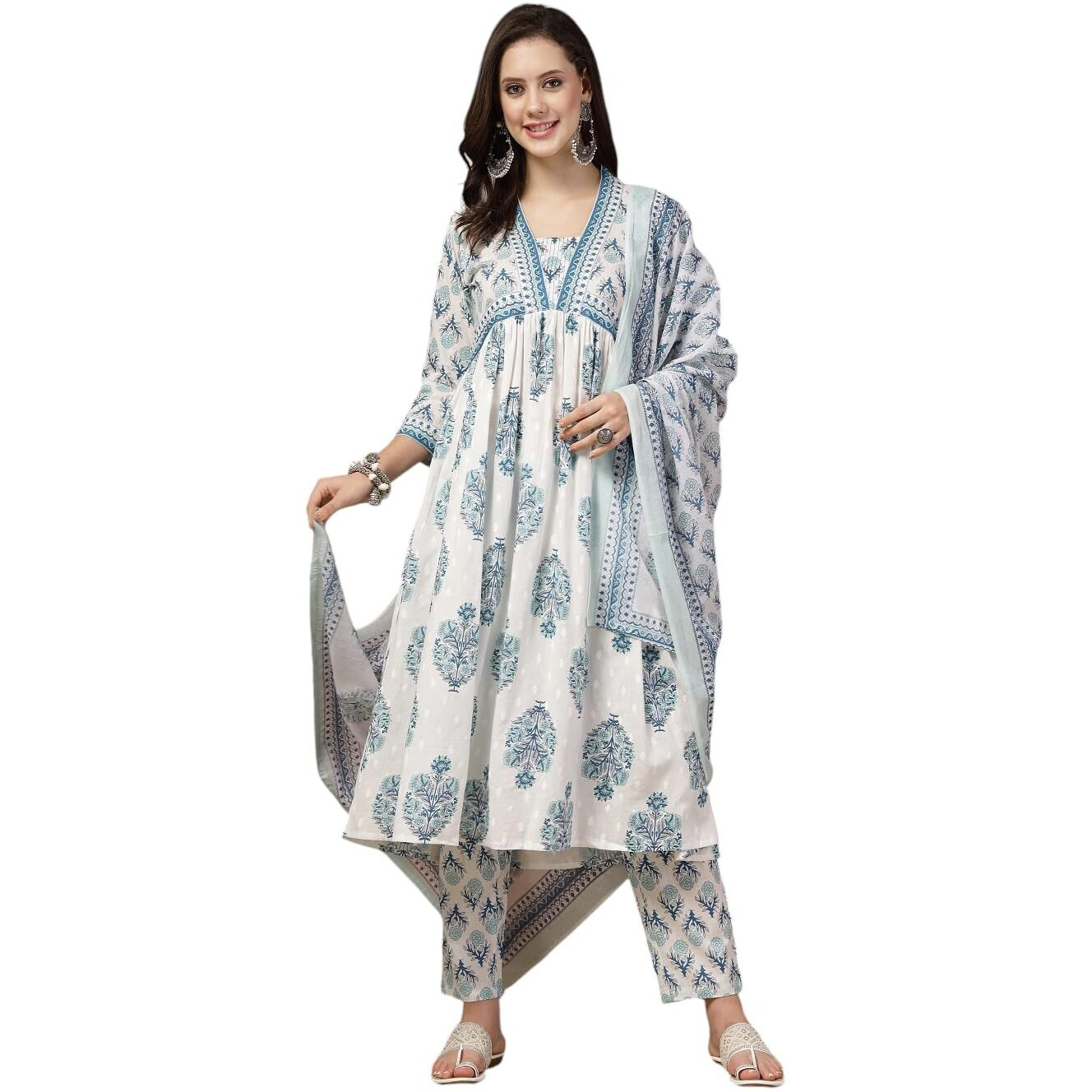 Stylum Women's Ethnic Motif Printed Cotton A-Line Kurta Pant Dupatta Set (Kpdbluedoraa42_White, Xl)