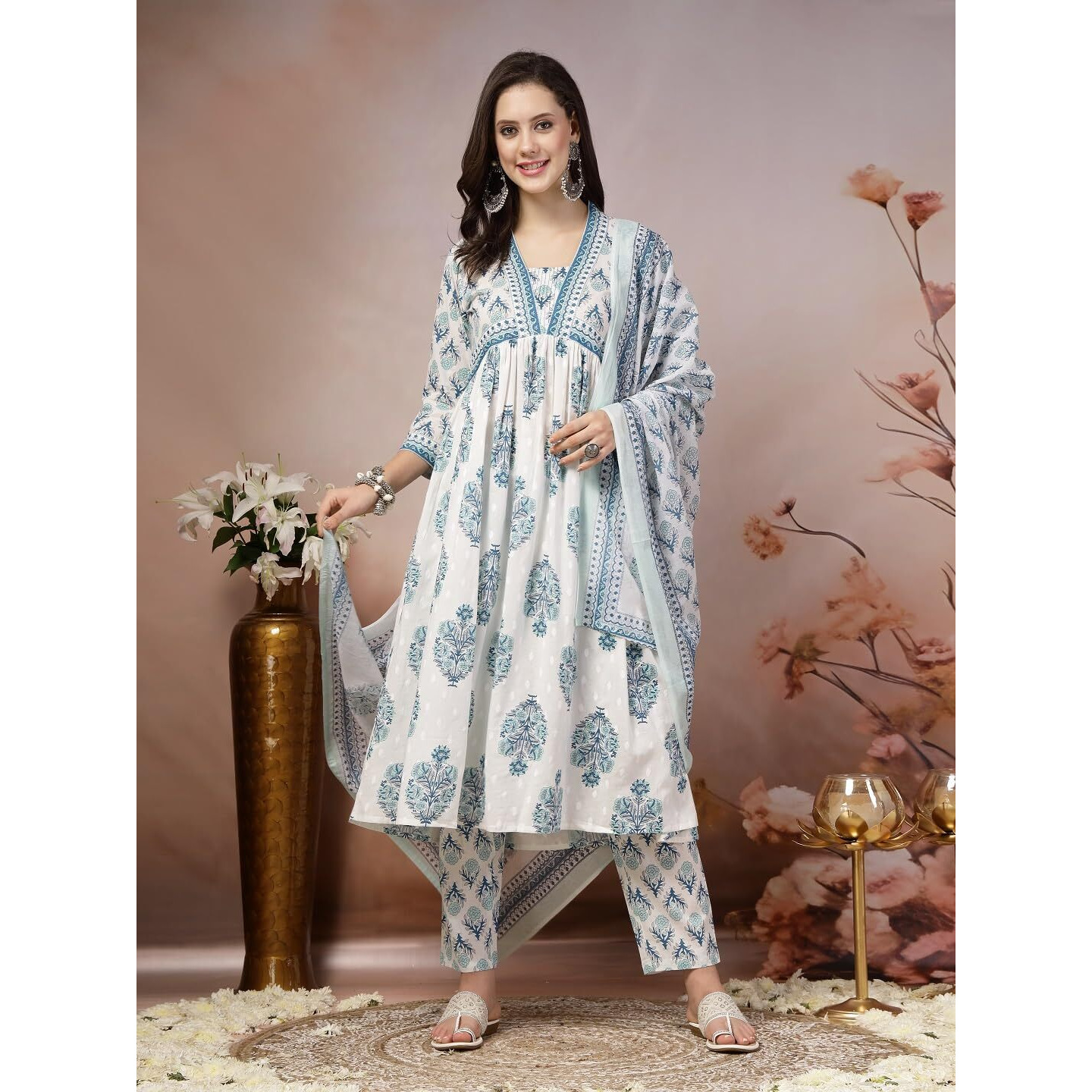 Stylum Women's Ethnic Motif Printed Cotton A-Line Kurta Pant Dupatta Set (Kpdbluedoraa42_White, Xl)