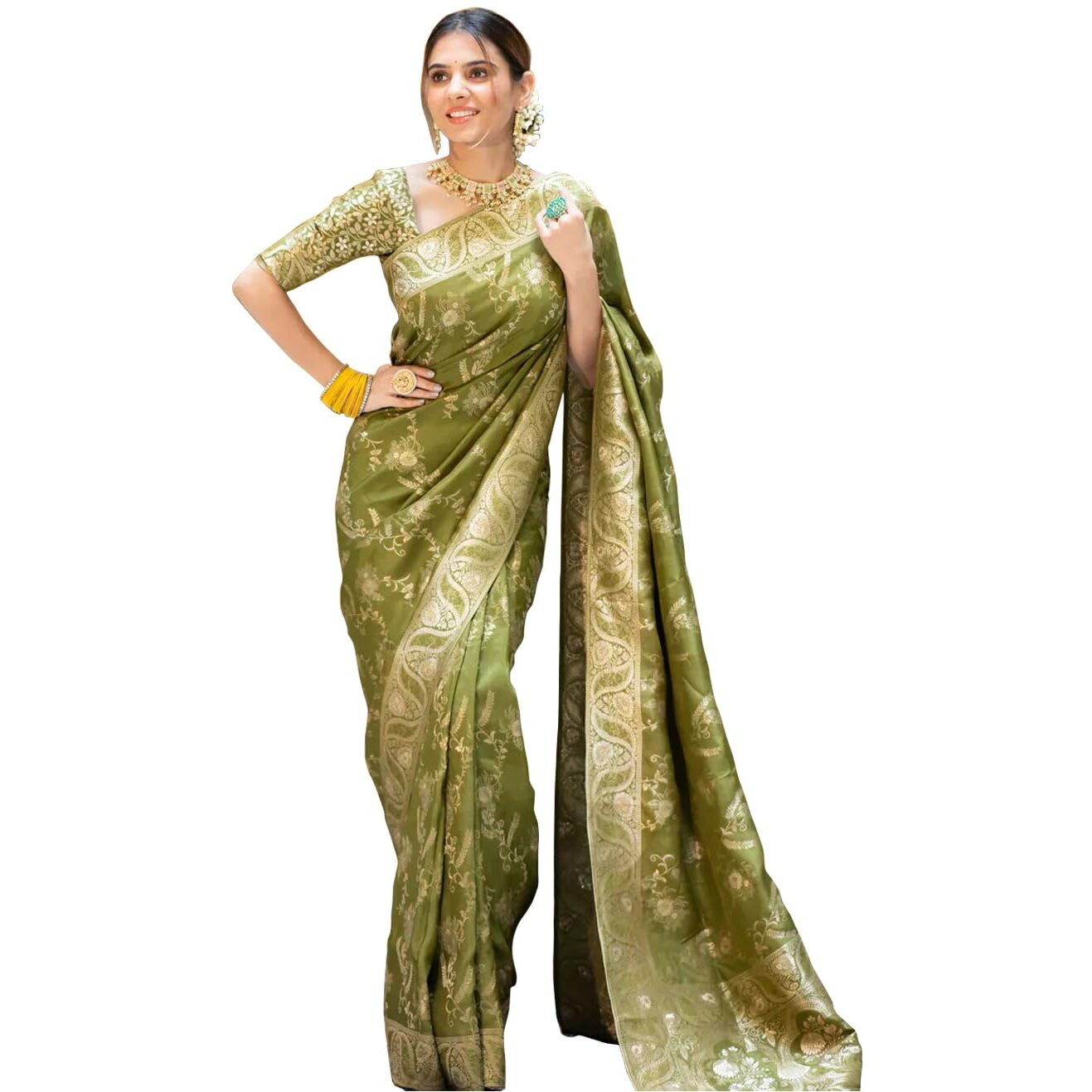 Sugathari Women's Banarasi Saree Pure Kanjivaram Silk Soft New Ladies 2024 Design Wear Pattu Sarees Latest Cotton Party Sari Collections With Blouse Piece For Wedding Sadi (P-196-Mehndi)