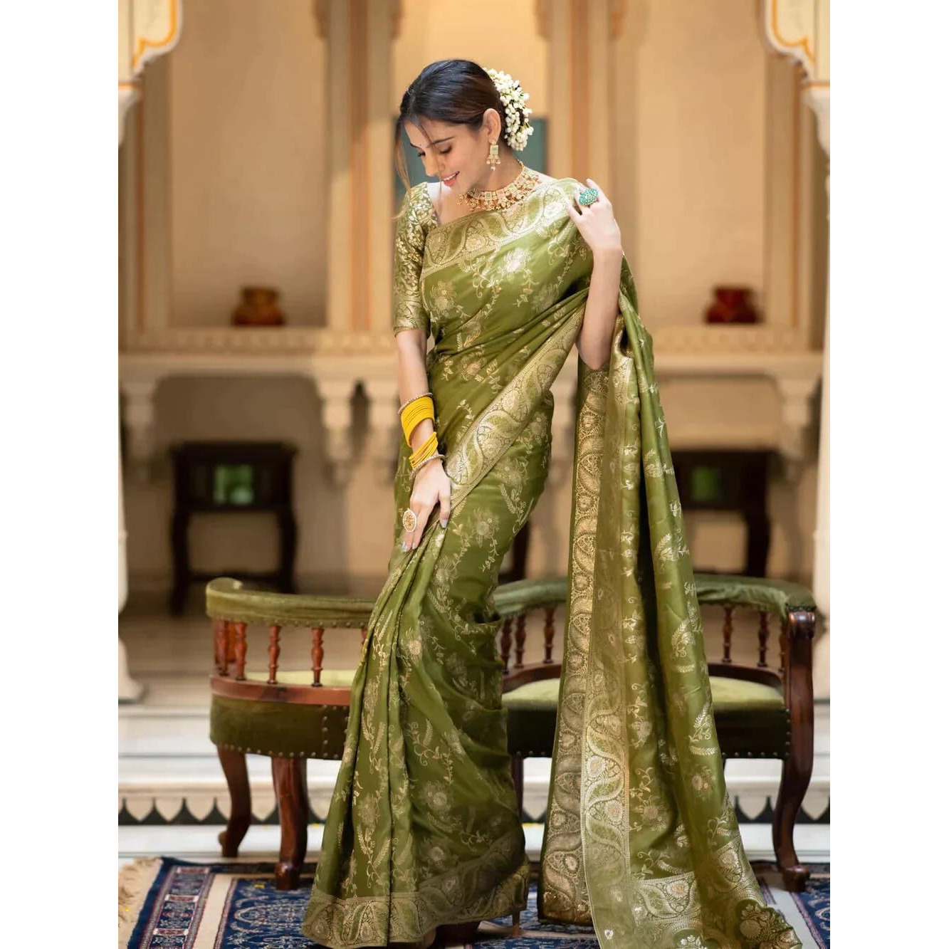 Sugathari Women's Banarasi Saree Pure Kanjivaram Silk Soft New Ladies 2024 Design Wear Pattu Sarees Latest Cotton Party Sari Collections With Blouse Piece For Wedding Sadi (P-196-Mehndi)