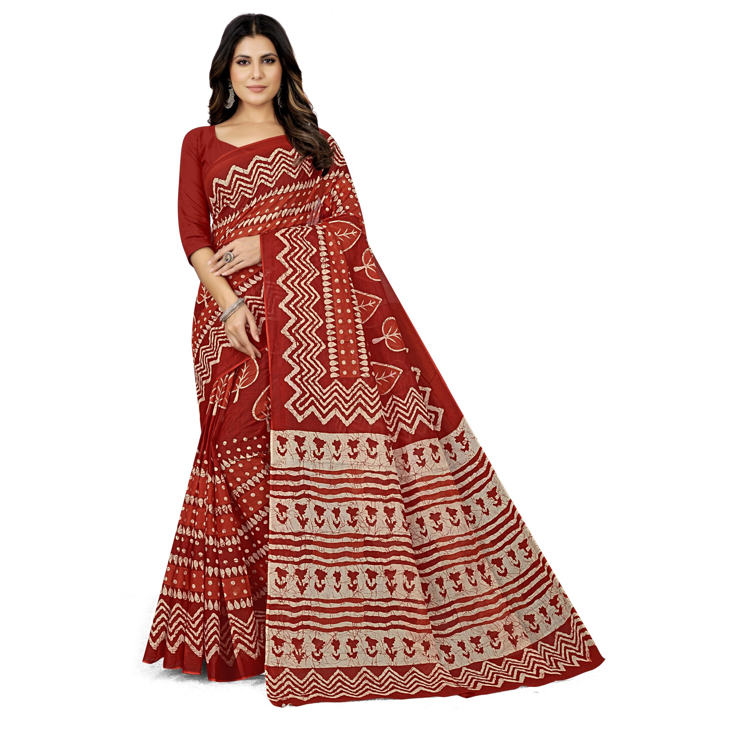 Tamaira Fashion Women's Batik Printed Pure Cotton Saree Without Blouse Piece(2457_Rust)