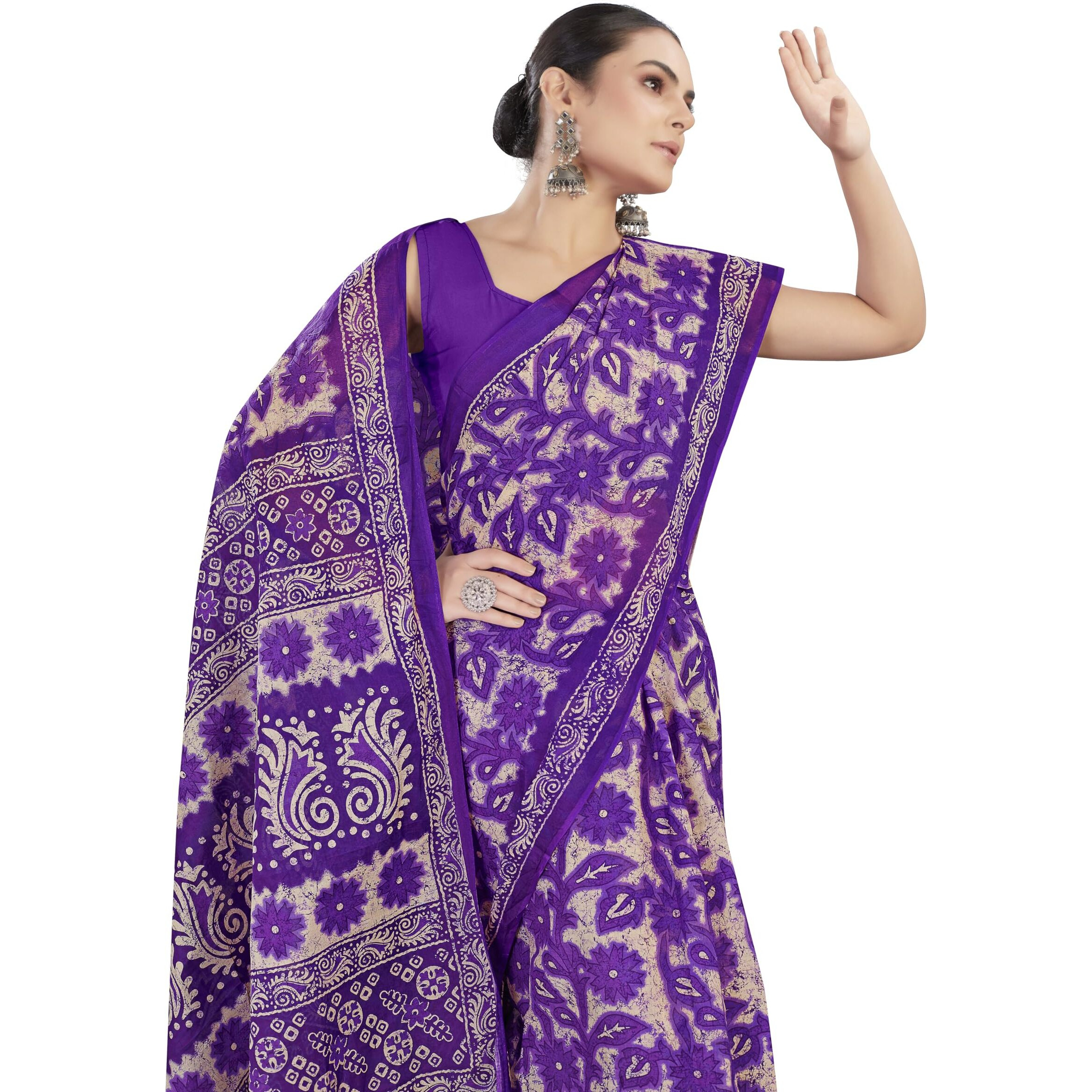 Tamaira Fashion Women's Floral Batik Printed Pure Cotton Mulmul Saree Without Blouse Piece(11588_Purple)