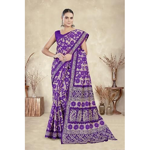 Tamaira Fashion Women's Floral Batik Printed Pure Cotton Mulmul Saree Without Blouse Piece(11588_Purple)