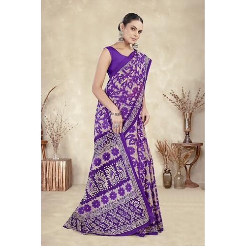 Tamaira Fashion Women's Floral Batik Printed Pure Cotton Mulmul Saree Without Blouse Piece(11588_Purple)