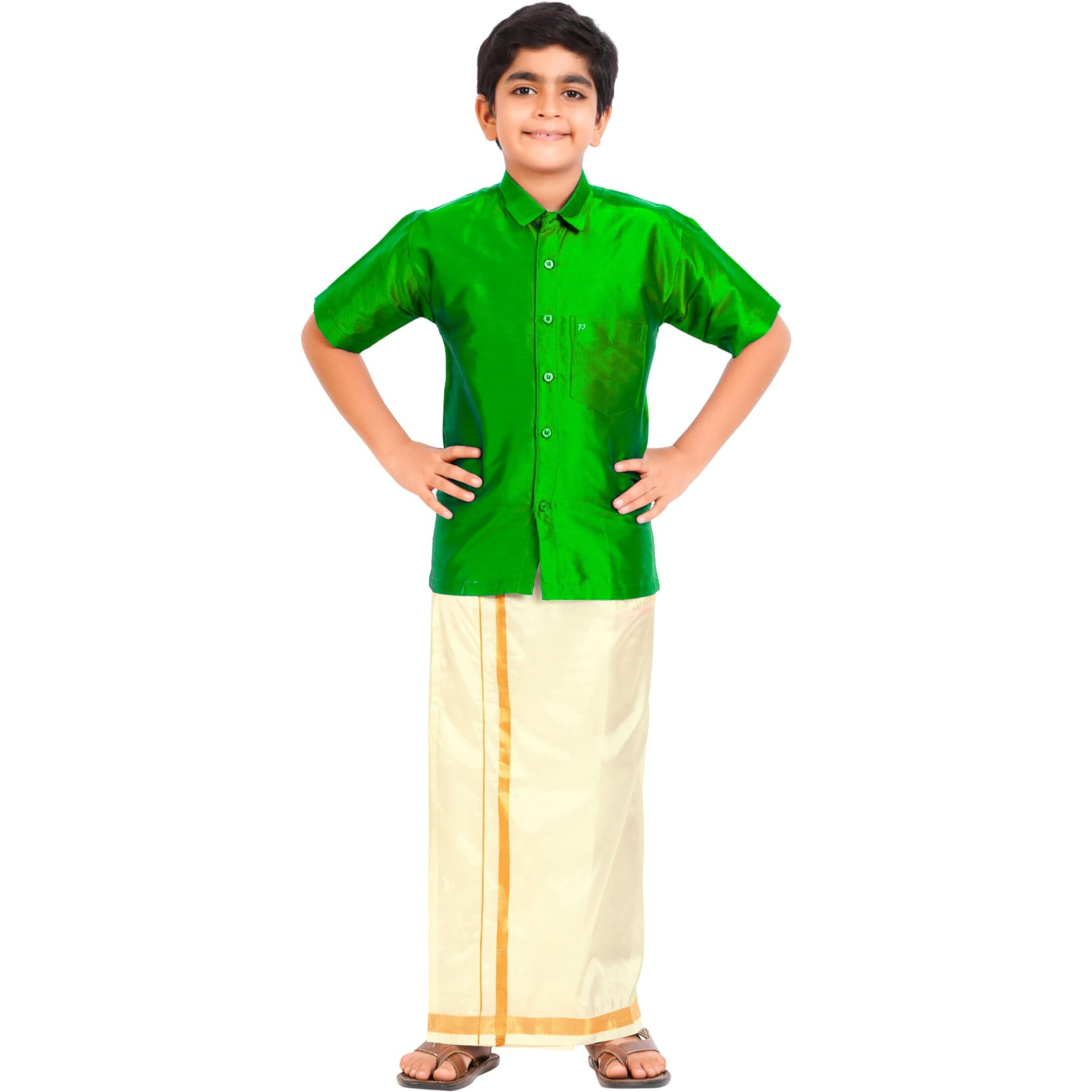 Prakasam Cotton- Art Silk Traditional Boys Dhoti Set, Shirt With Cream Dhoti, Gold Border, Short Sleeve (11-12 Years, Light Green)