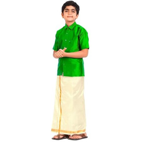 Prakasam Cotton- Art Silk Traditional Boys Dhoti Set, Shirt With Cream Dhoti, Gold Border, Short Sleeve (11-12 Years, Light Green)