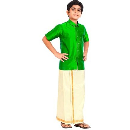 Prakasam Cotton- Art Silk Traditional Boys Dhoti Set, Shirt With Cream Dhoti, Gold Border, Short Sleeve (11-12 Years, Light Green)