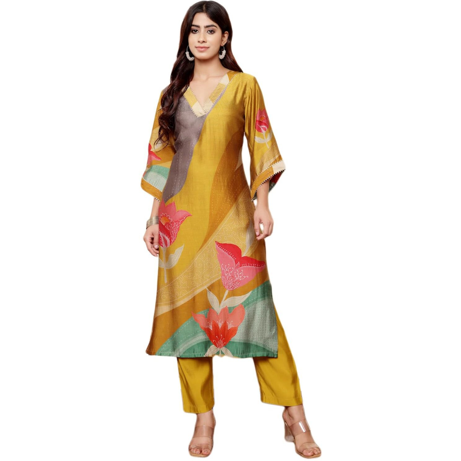 Varanga Women Olive Abstract Printed Gota Lace Detailed Kurta With Solid Trouser  Stylish Ethnic Set