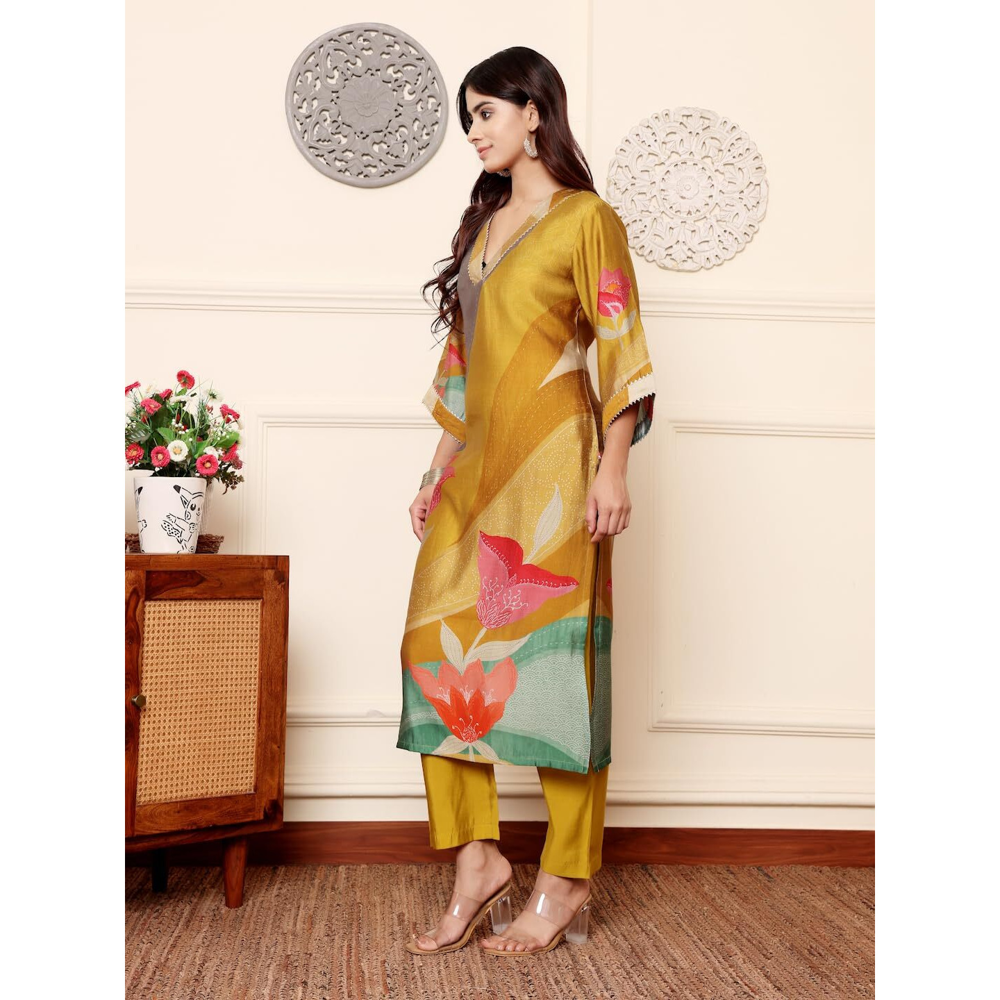 Varanga Women Olive Abstract Printed Gota Lace Detailed Kurta With Solid Trouser  Stylish Ethnic Set