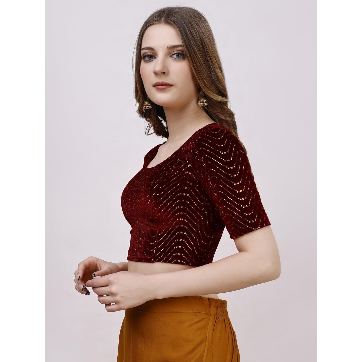 Vihu Fashion Women's Readymade Hosiery Velvet Lycra Stretchable Round Neck Half Sleeve Blouse With Jari Work Fancy Maroon Color Lycra Stretchable Blouse For Women Readymade Saree Blouse