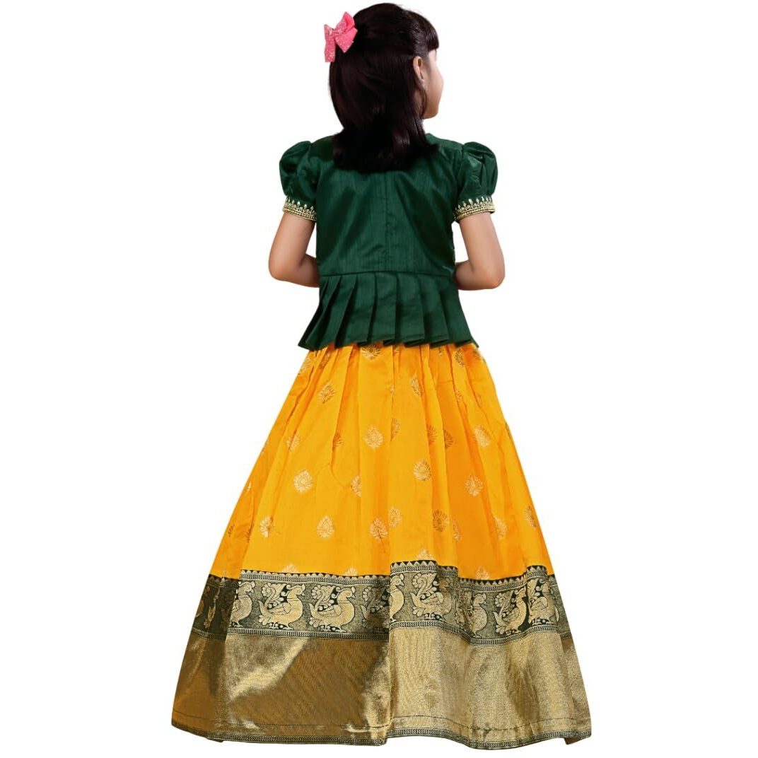 White Button New South Indian Traditional Pattu Pavadai Jecquard Lehenga Choli For Girls Dress