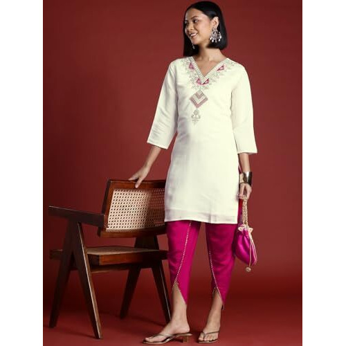Womanista Women's Silk Blend Solid Straight Set (Co-Ords_9132_Off White