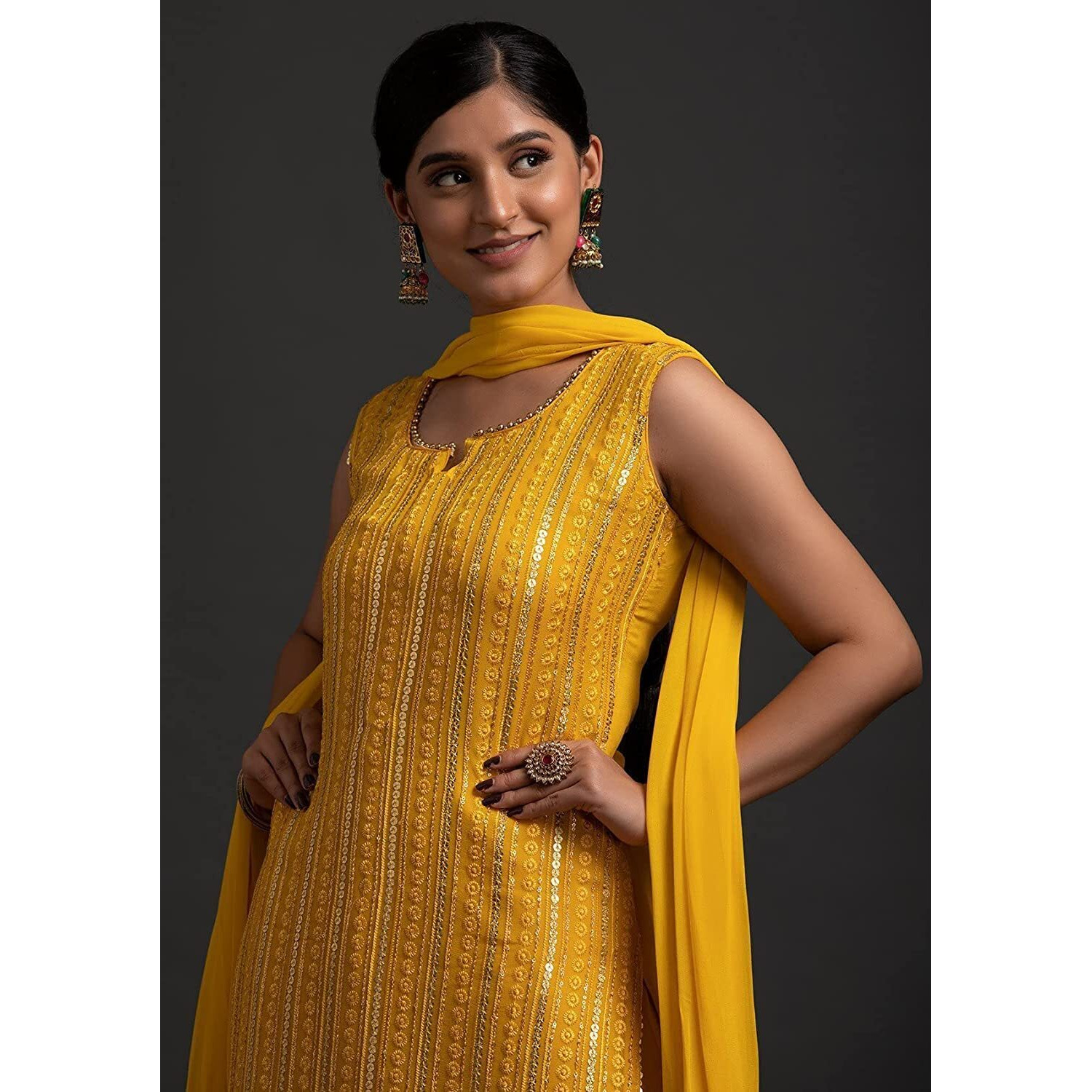 Xomantic Fashion Women's Georgette Sequence Work Kurta Sharara Set With Dupatta Yellow