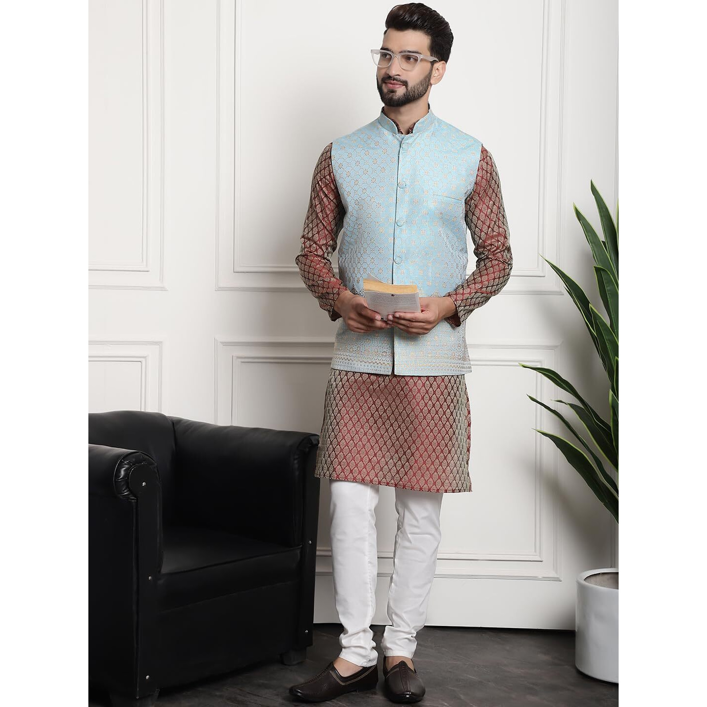 Sojanya (Since 1958 Men's Jacquard Silk Maroon Kurta And Off-White Pyjama With Blue Nehru Jacket