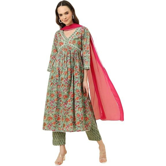 Varanga Women Olive Floral Printed A-Line Kurta With Side Slits Paired With Tonal Bottom And Dupatta