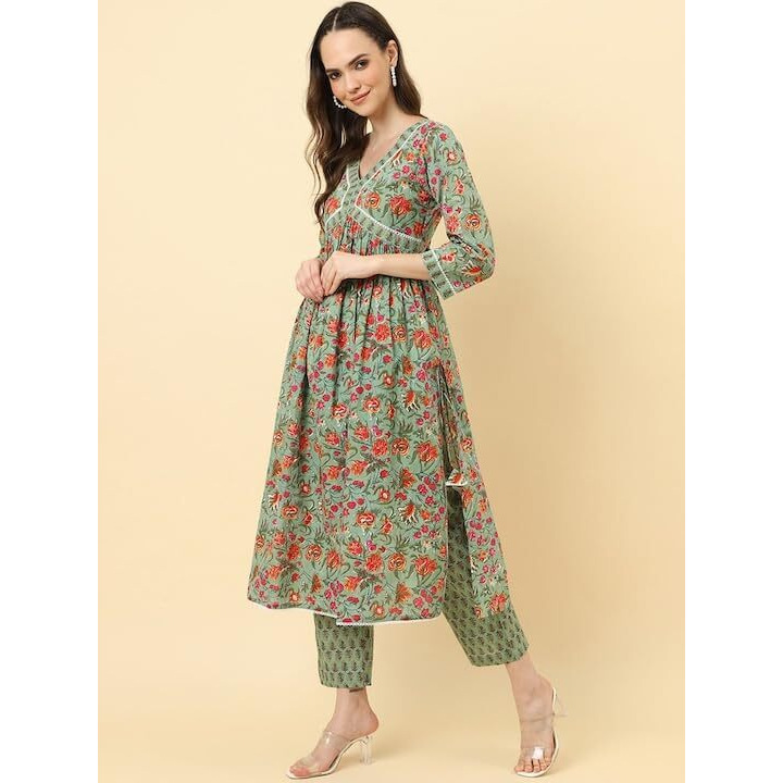 Varanga Women Olive Floral Printed A-Line Kurta With Side Slits Paired With Tonal Bottom And Dupatta
