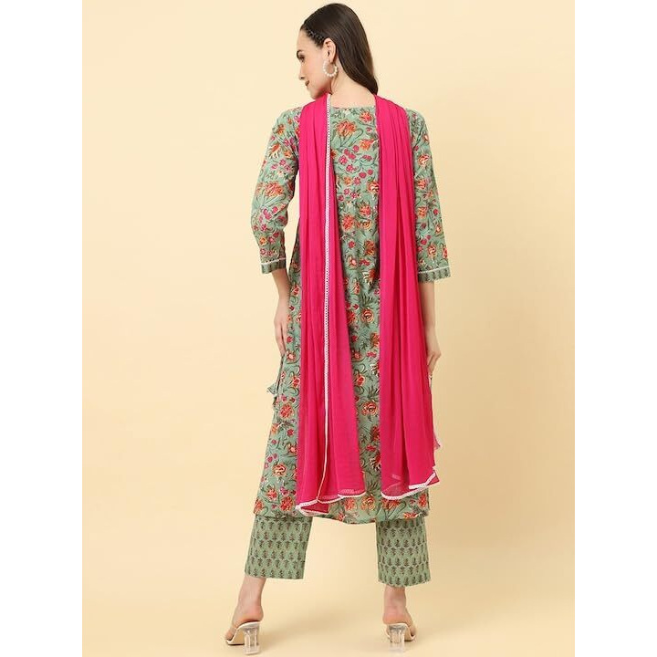 Varanga Women Olive Floral Printed A-Line Kurta With Side Slits Paired With Tonal Bottom And Dupatta