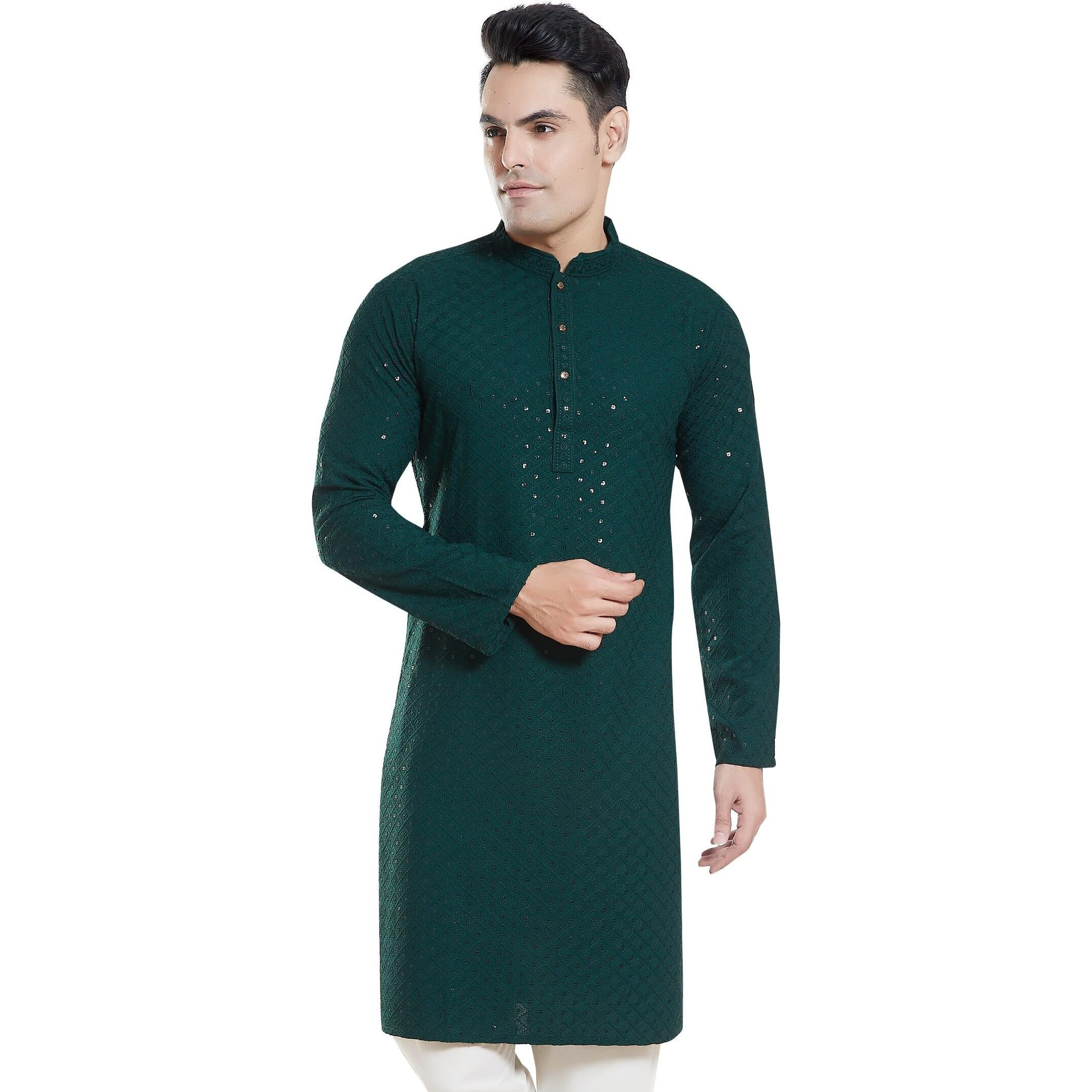 Divisive Men's Sequince Embroidered Cotton Blend Only Slim Fit Kurta (Dkrt136_L_Bottle Green)
