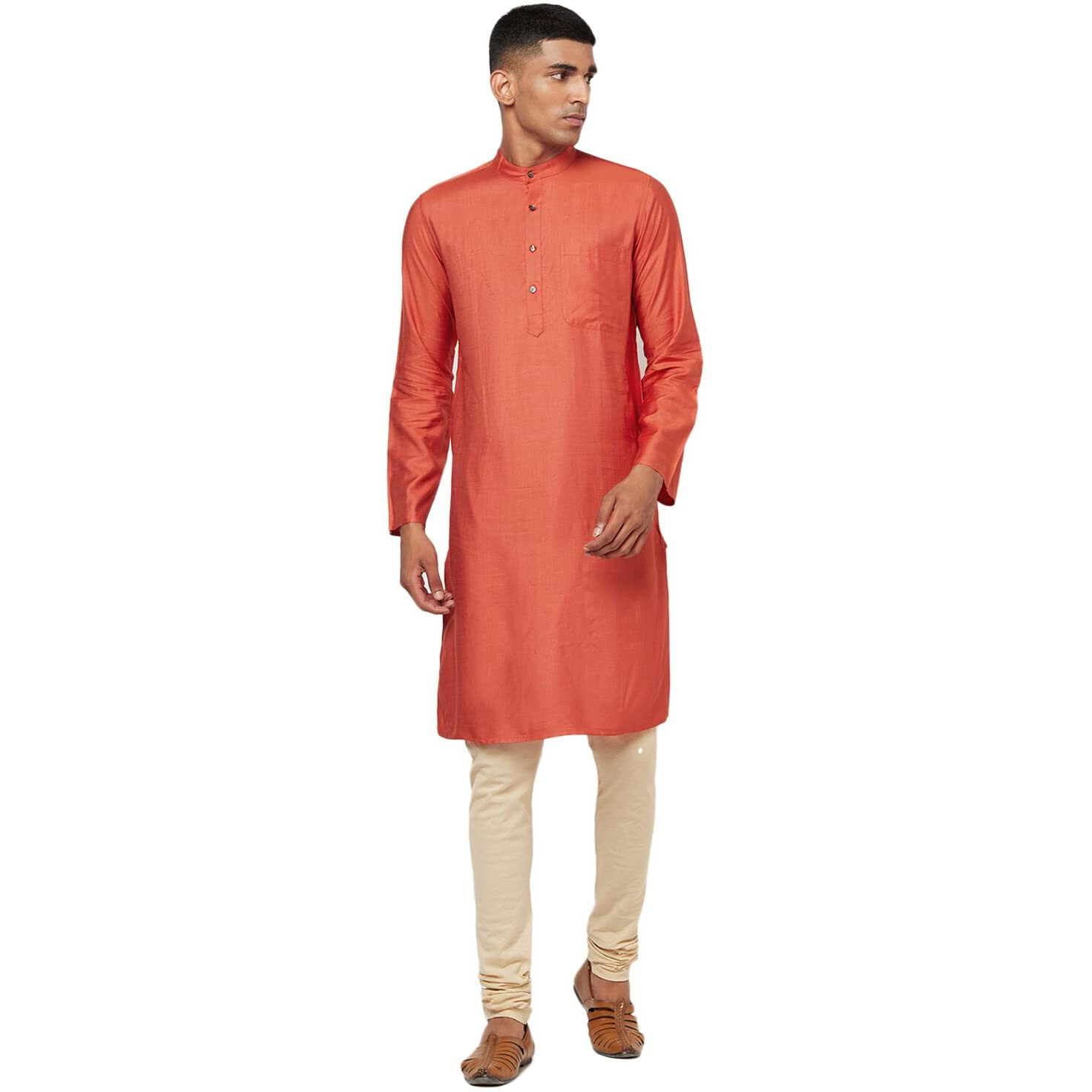 Fabindia Men Viscose Silk Slim Fit Long Kurta Rust_S