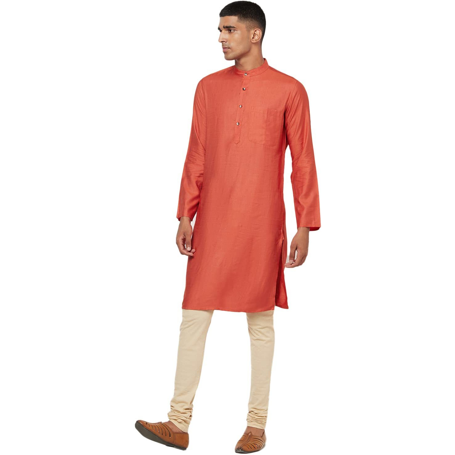 Fabindia Men Viscose Silk Slim Fit Long Kurta Rust_S